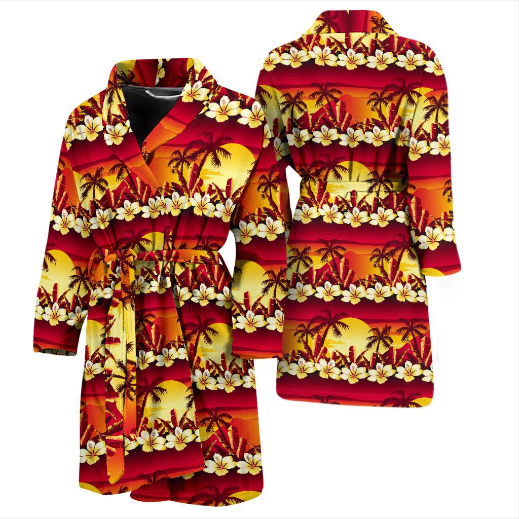 Hawaiian Tropical Sunset Hibiscus Print Men Bath Robe-JTAMIGO.COM