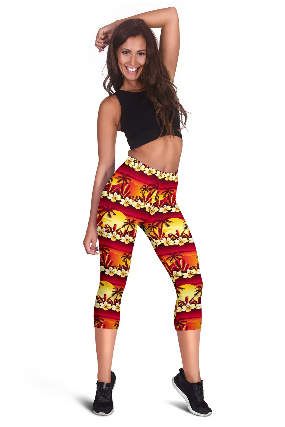 Hawaiian Tropical Sunset Hibiscus Print Women Capris