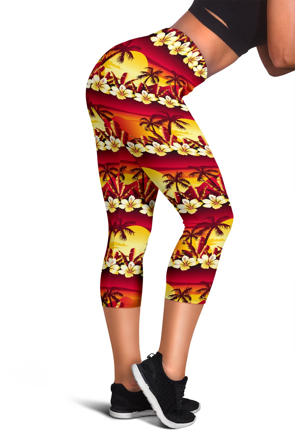 Hawaiian Tropical Sunset Hibiscus Print Women Capris