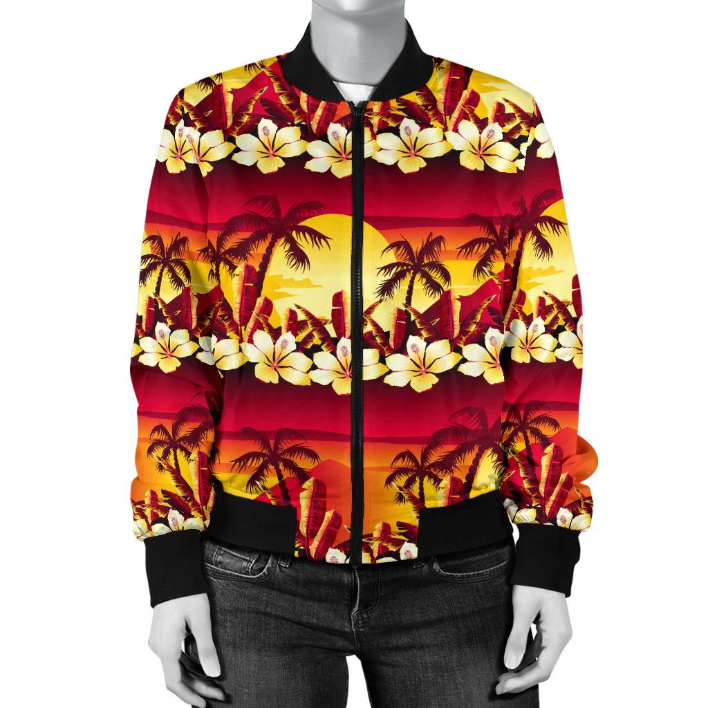 Hawaiian Tropical Sunset Hibiscus Print Women Casual Bomber Jacket