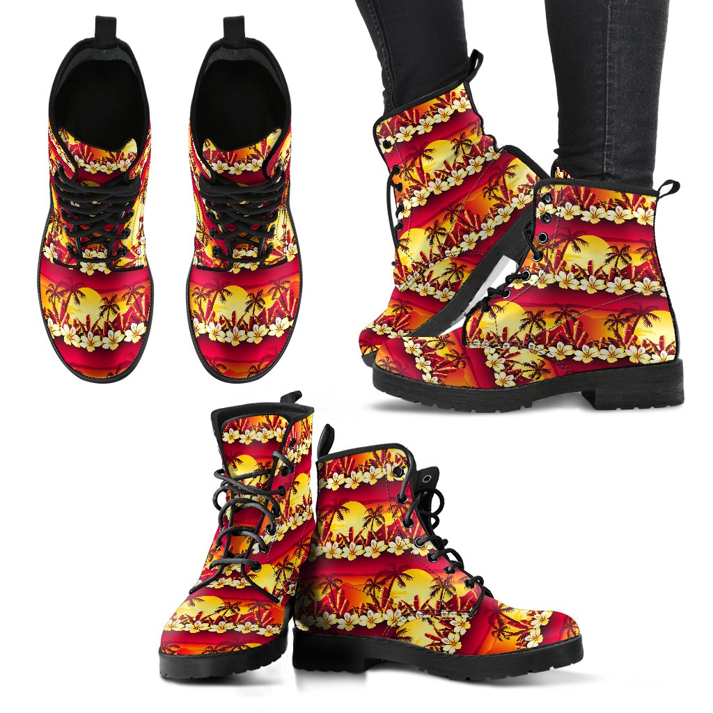 Hawaiian Tropical Sunset Hibiscus Print Women Leather Boots-JTAMIGO.COM