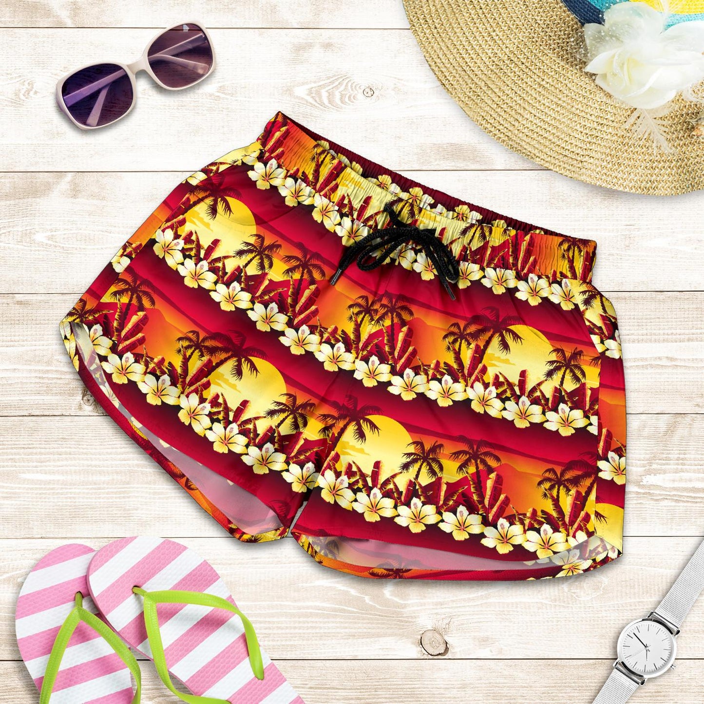 Hawaiian Tropical Sunset Hibiscus Print Women Shorts-JTAMIGO.COM