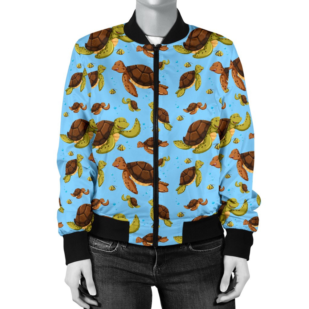 Hello Sea Turtle Print Pattern Women Casual Bomber Jacket