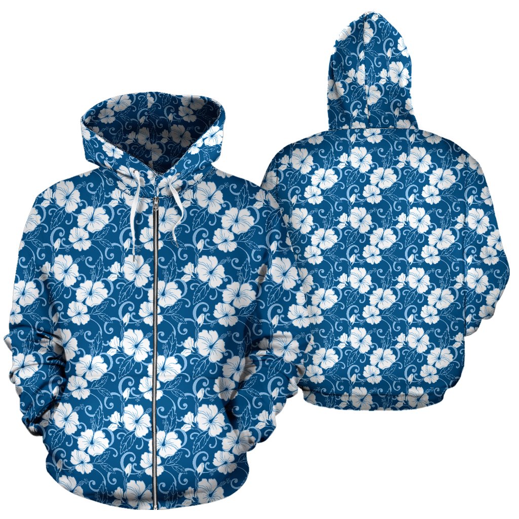Hibiscus Blue Flower Hawaiian Print Zip Up Hoodie