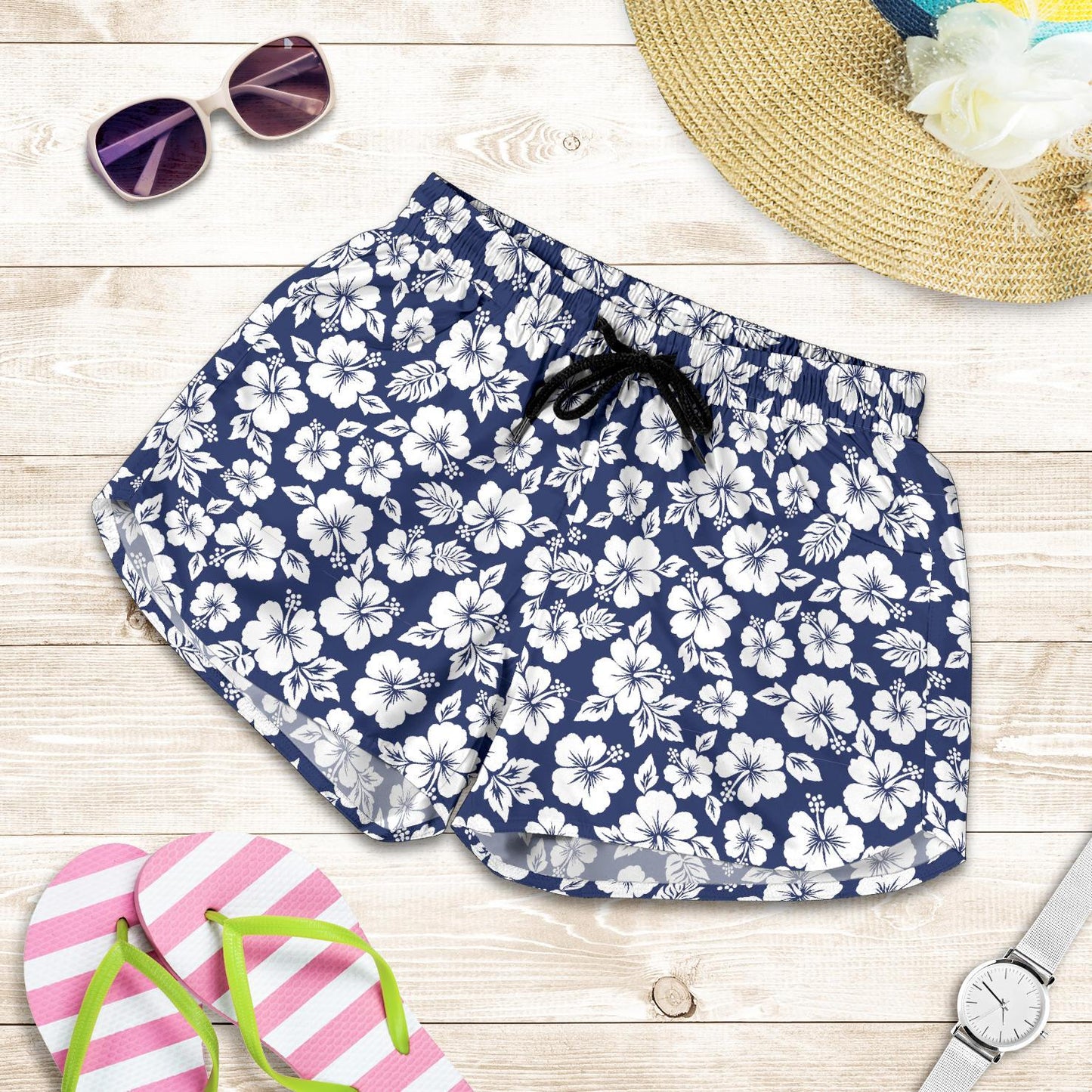 Hibiscus Blue Hawaiian Flower Style Women Shorts-JTAMIGO.COM