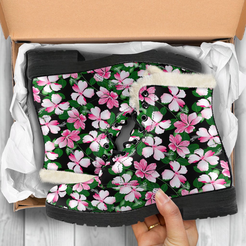 Hibiscus Pink Flower Hawaiian Print Faux Fur Leather Boots-JTAMIGO.COM
