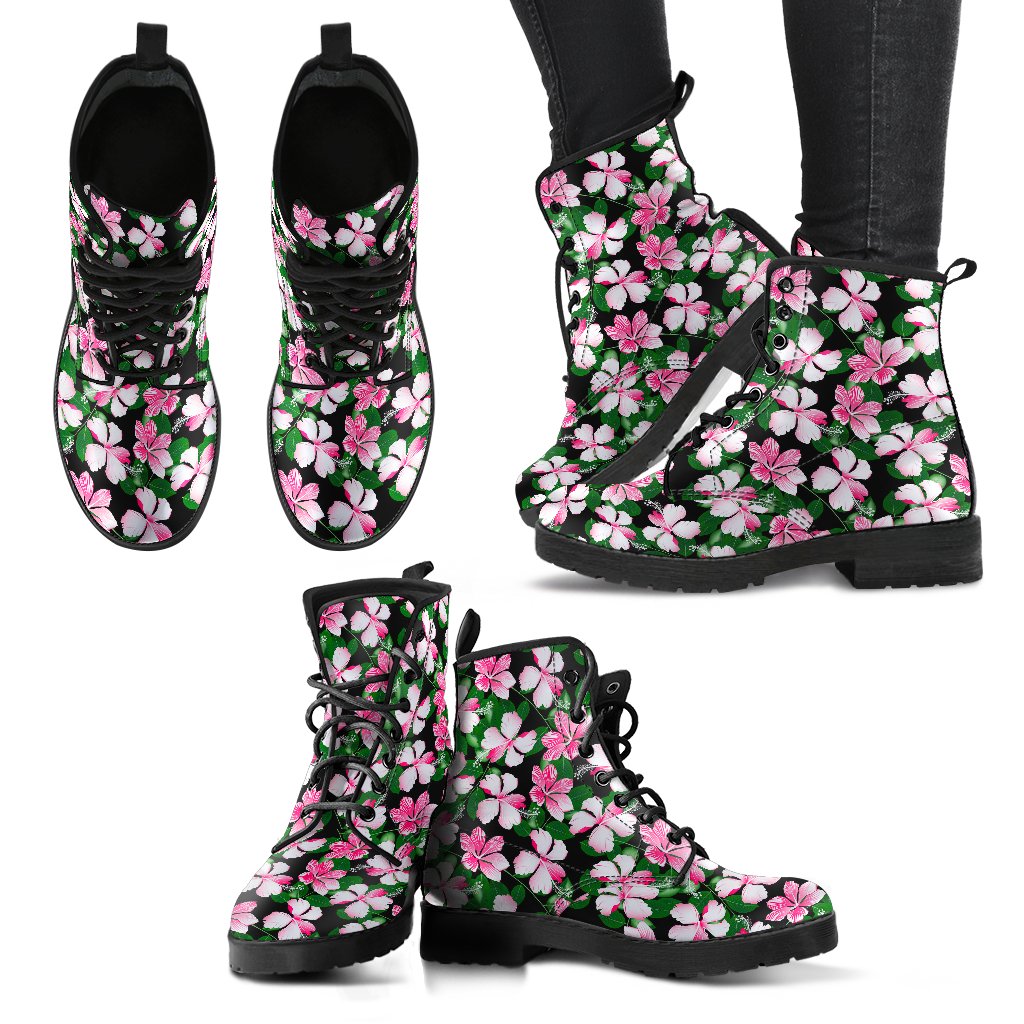 Hibiscus Pink Flower Hawaiian Print Women Leather Boots-JTAMIGO.COM