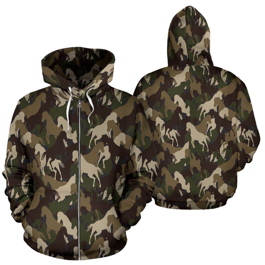 Horse Camo Themed Design Print Zip Up Hoodie