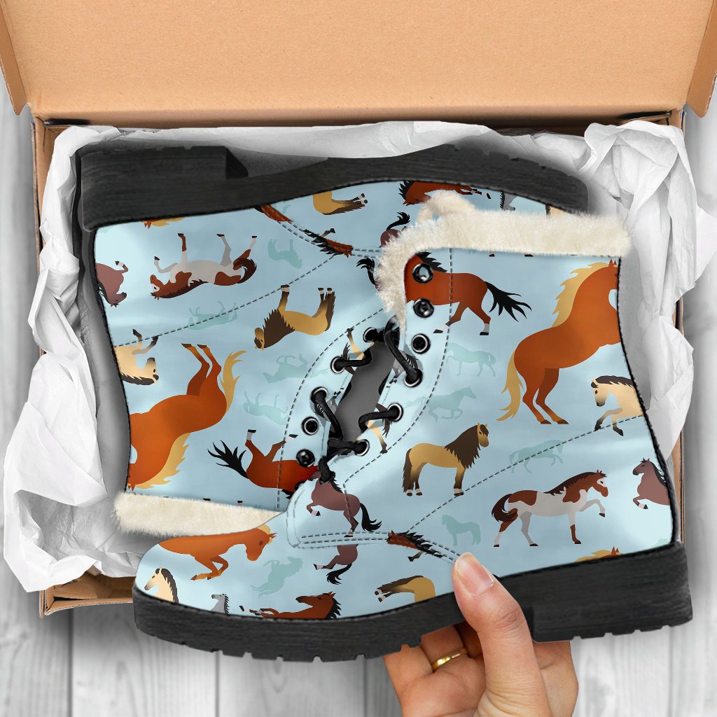 Horse Cute Themed Pattern Print Faux Fur Leather Boots-JTAMIGO.COM