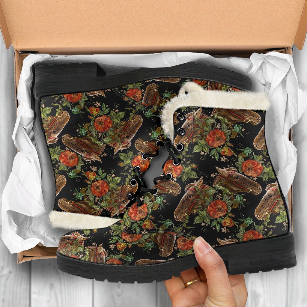 Horse Embroidery with Flower Design Faux Fur Leather Boots-JTAMIGO.COM