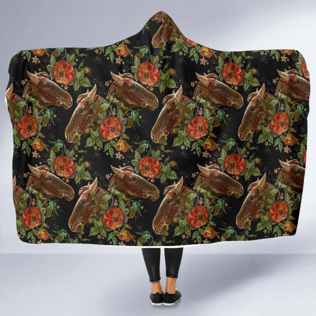 Horse Embroidery with Flower Design Hooded Blanket-JTAMIGO.COM