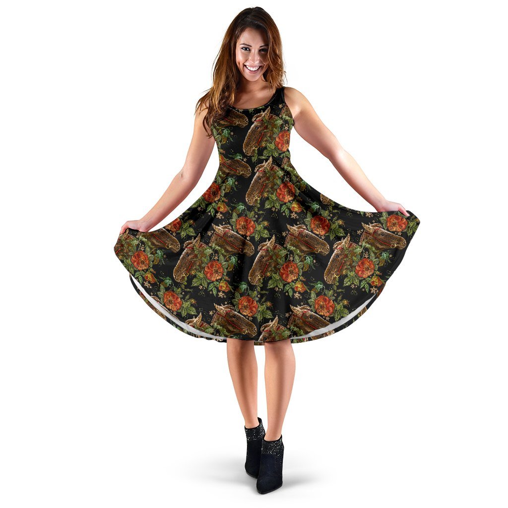 Horse Embroidery with Flower Design Sleeveless Dress