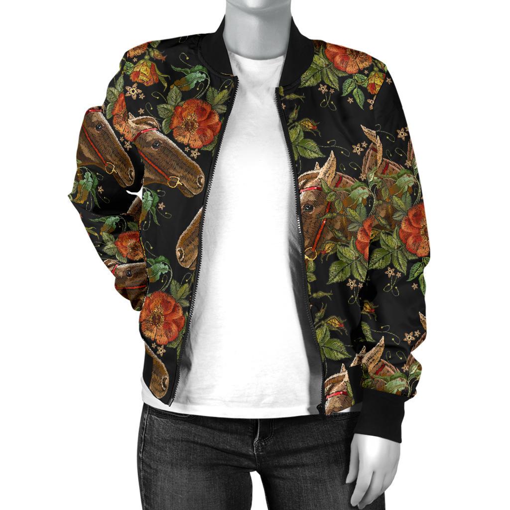 Horse Embroidery With Flower Design Women Casual Bomber Jacket