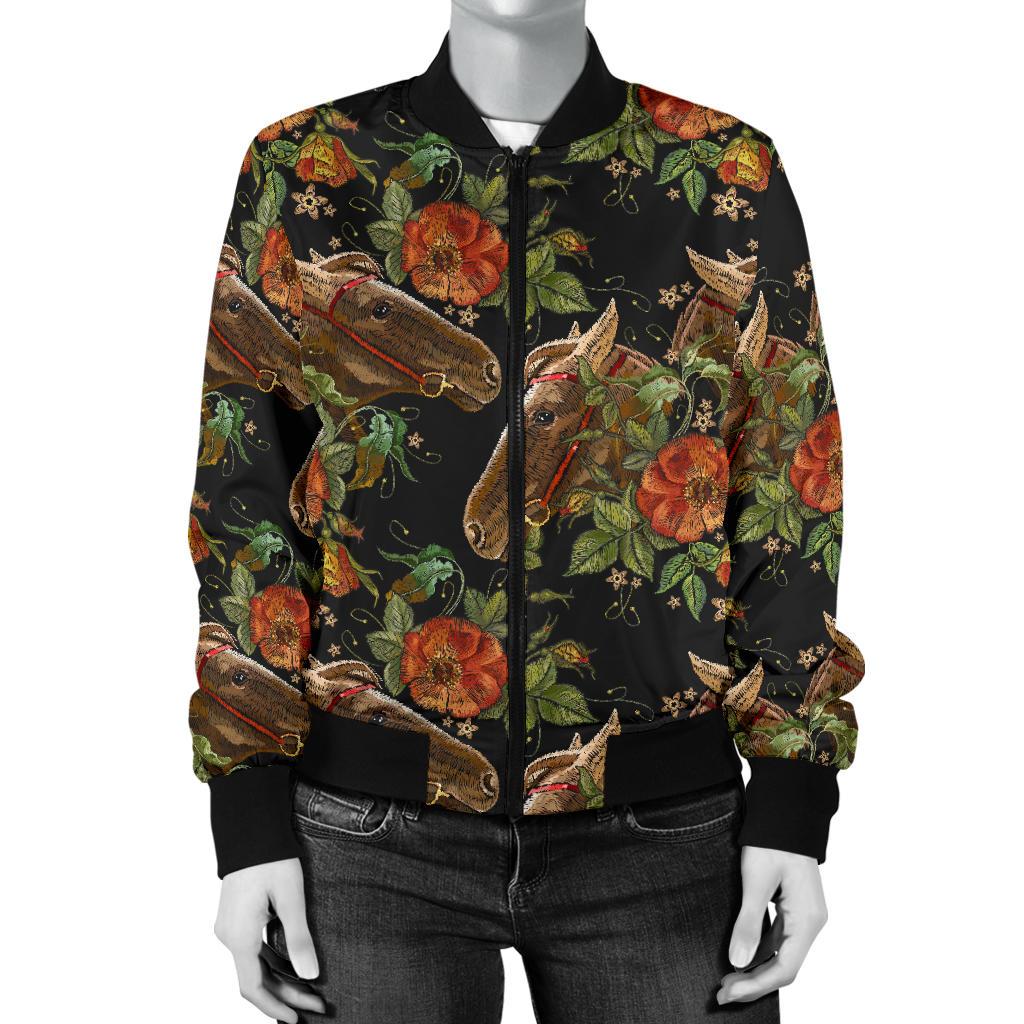 Horse Embroidery With Flower Design Women Casual Bomber Jacket