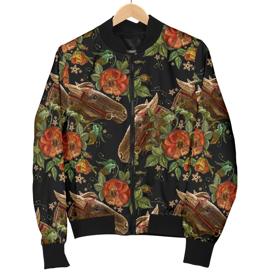 Horse Embroidery With Flower Design Women Casual Bomber Jacket