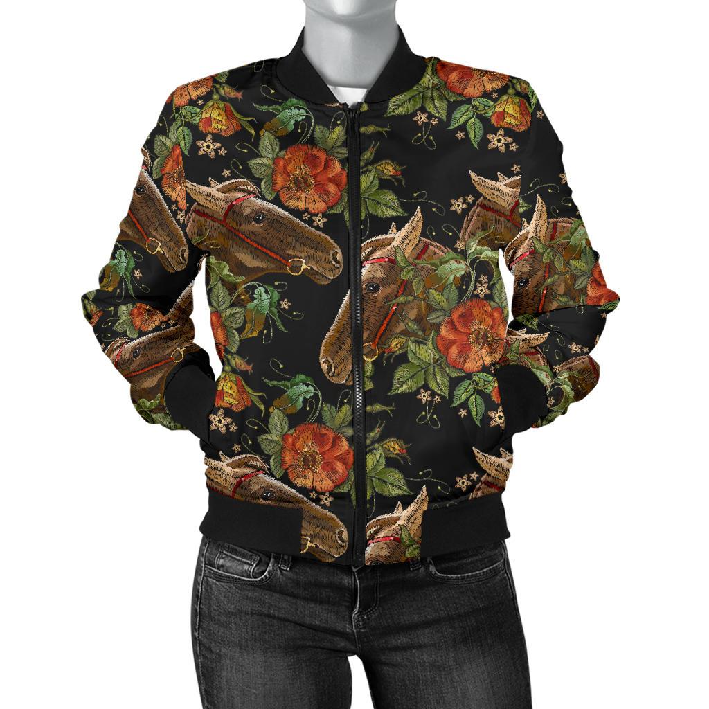 Horse Embroidery With Flower Design Women Casual Bomber Jacket
