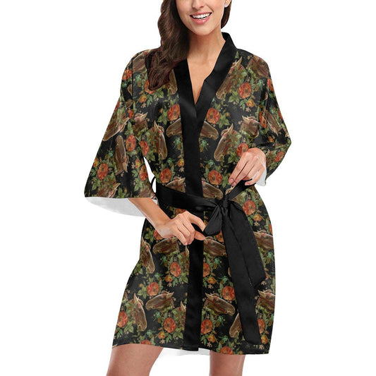 Horse Embroidery with Flower Design Women Short Kimono Robe