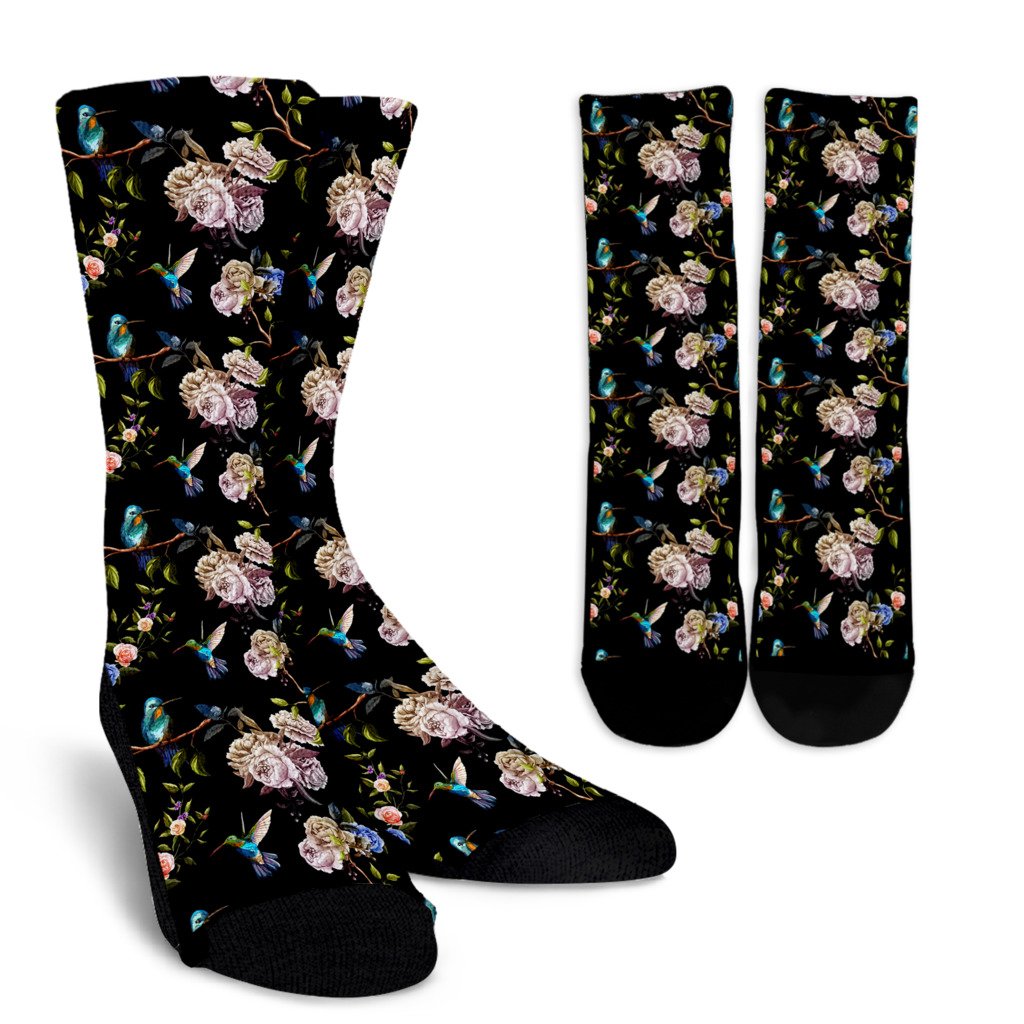Hummingbird Flower Themed Print Crew Socks