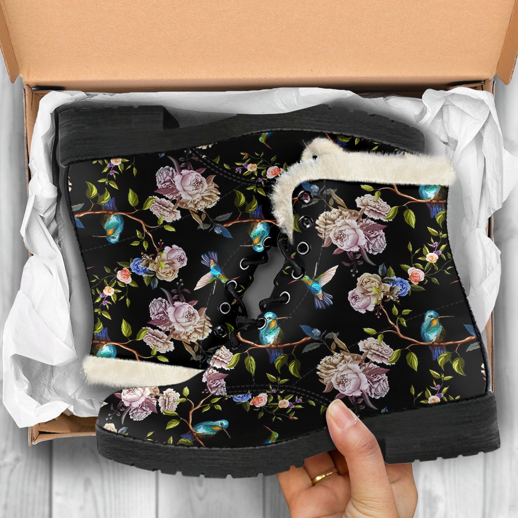 Hummingbird Flower Themed Print Faux Fur Leather Boots-JTAMIGO.COM