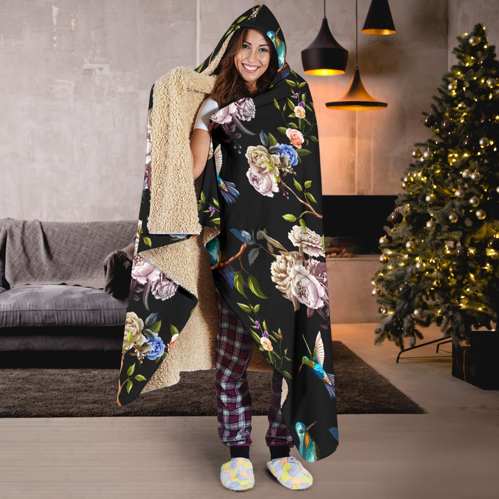 Hummingbird Flower Themed Print Hooded Blanket-JTAMIGO.COM