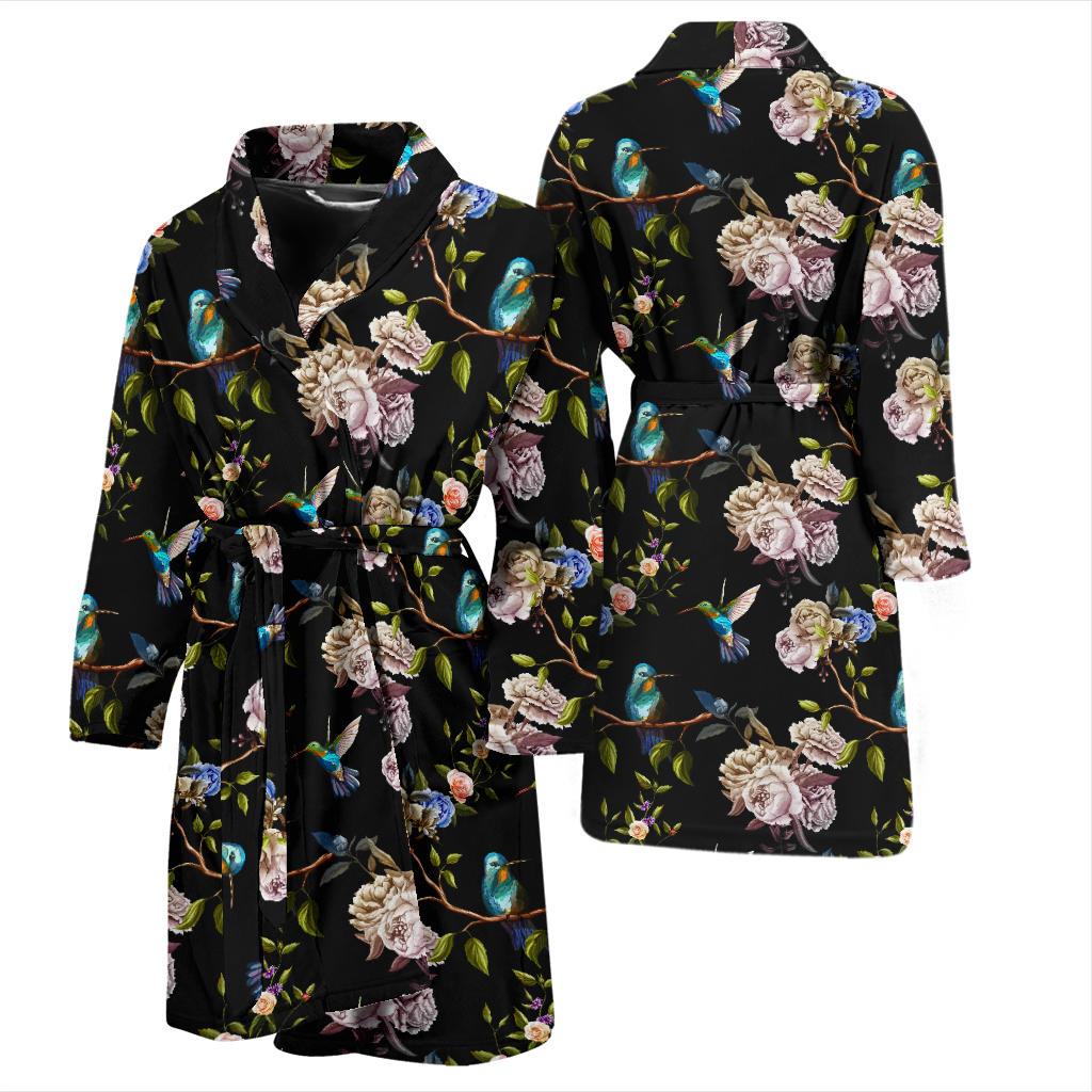 Hummingbird Flower Themed Print Men Bath Robe-JTAMIGO.COM