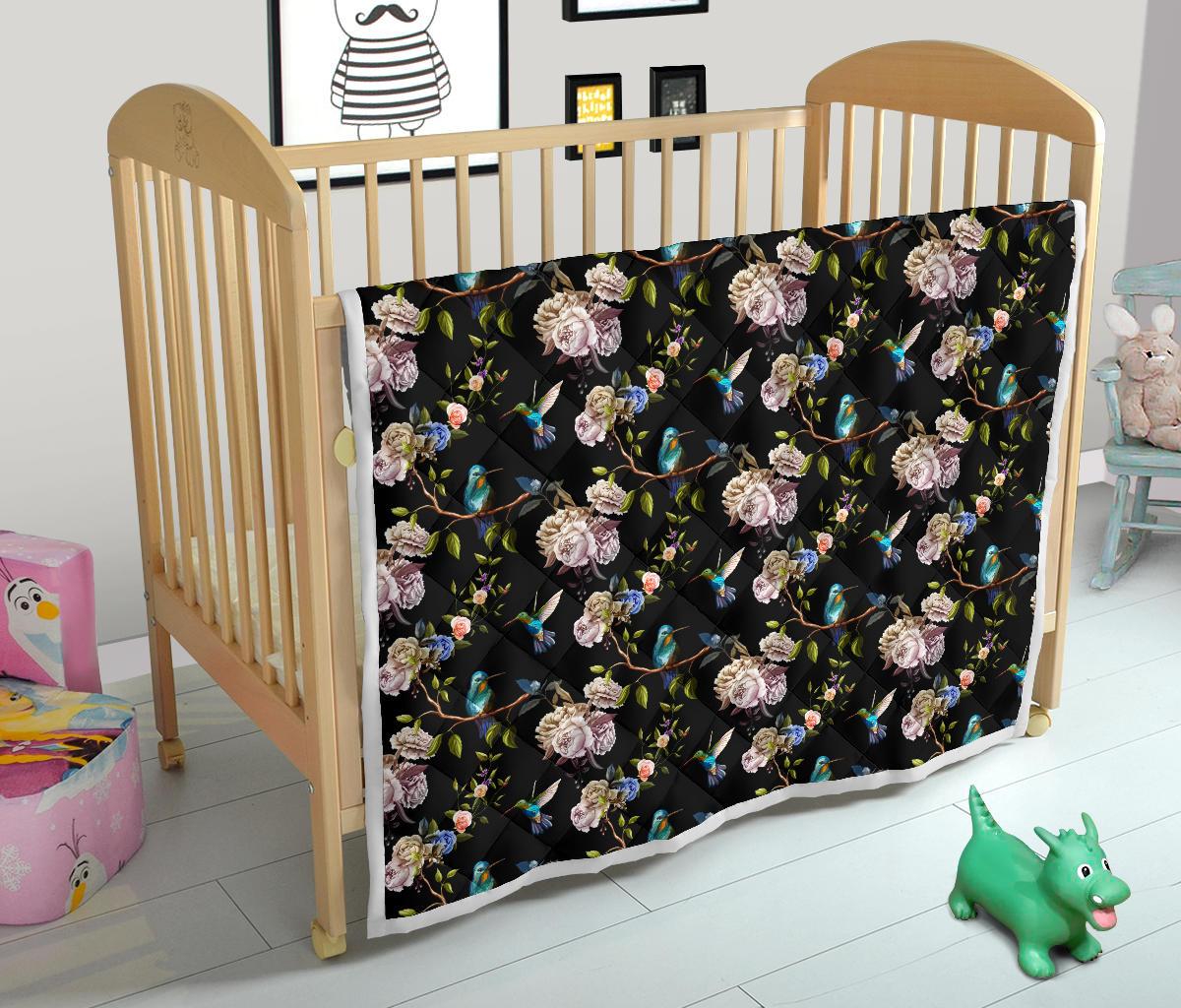 Hummingbird Flower Themed Print Premium Quilt-JTAMIGO.COM