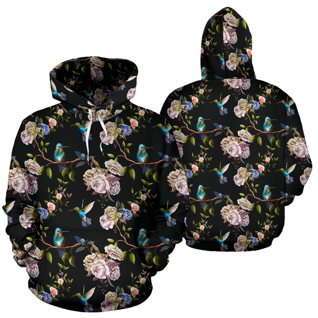Hummingbird Flower Themed Print Pullover Hoodie