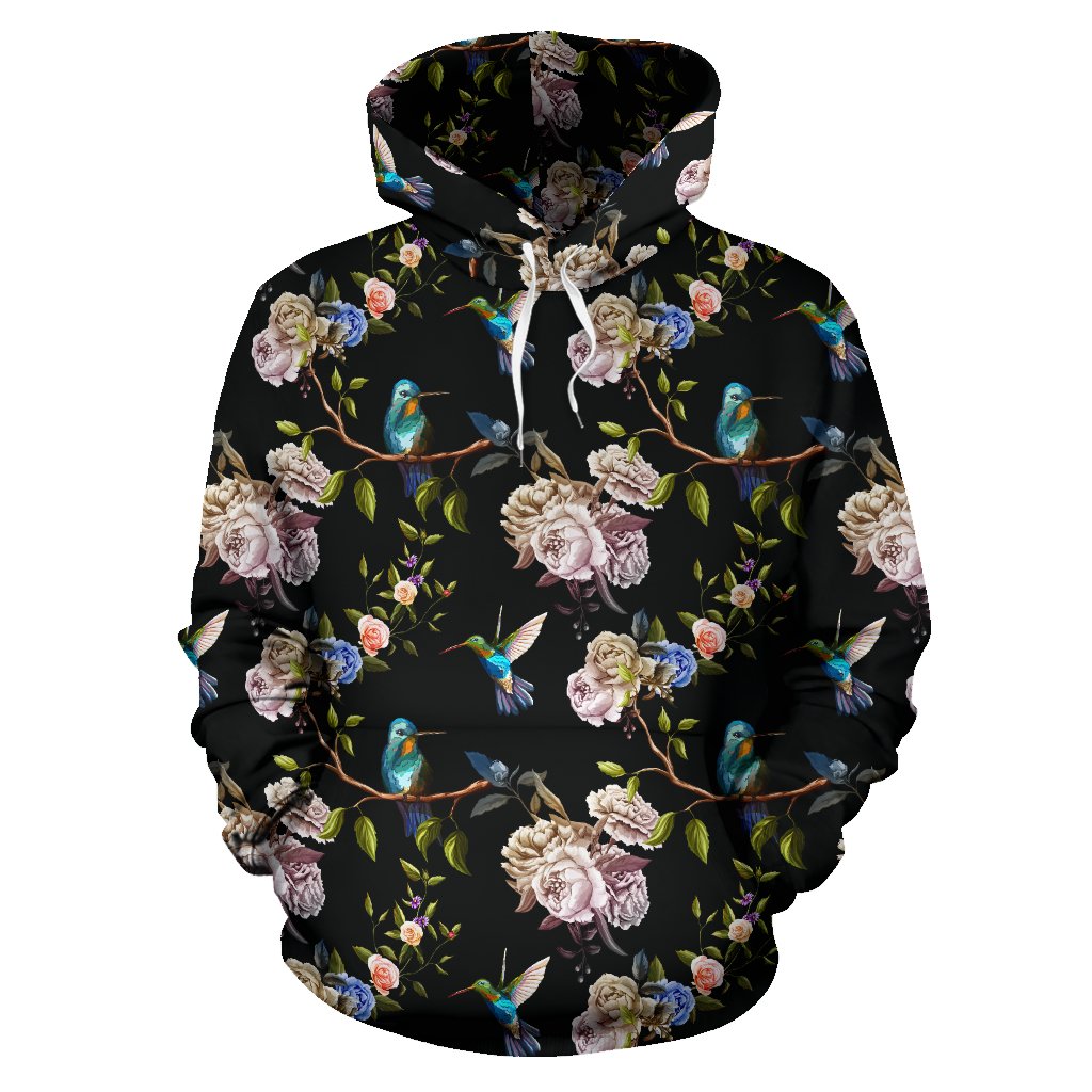 Hummingbird Flower Themed Print Pullover Hoodie