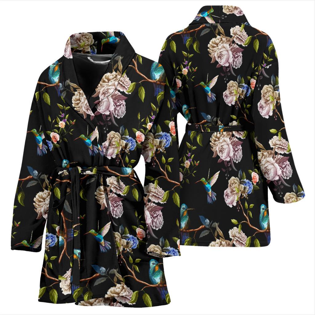 Hummingbird Flower Themed Print Women Bath Robe-JTAMIGO.COM