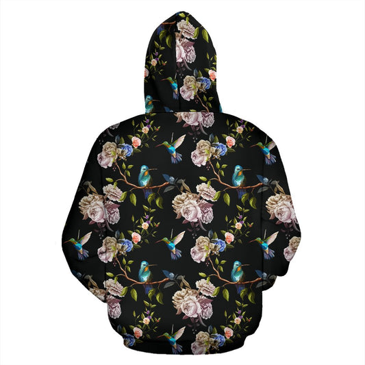 Hummingbird Flower Themed Print Zip Up Hoodie