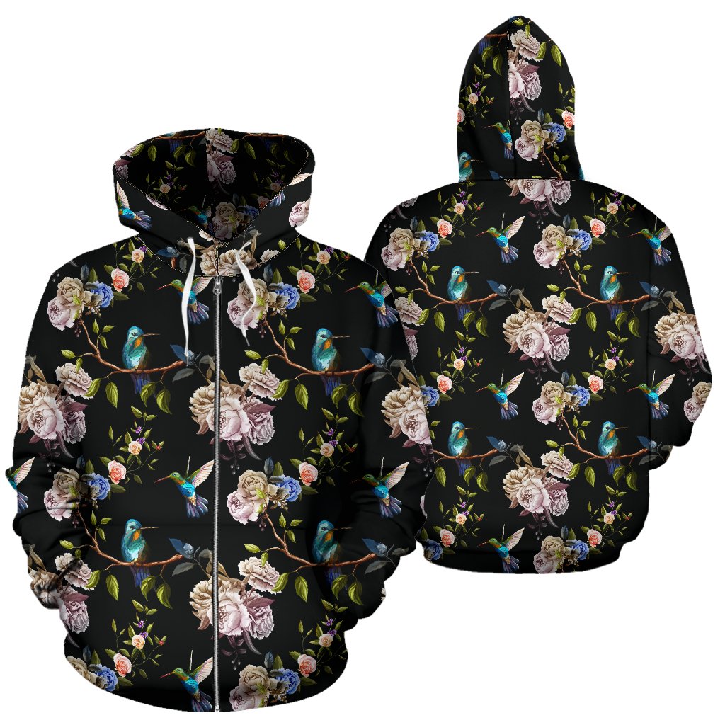 Hummingbird Flower Themed Print Zip Up Hoodie
