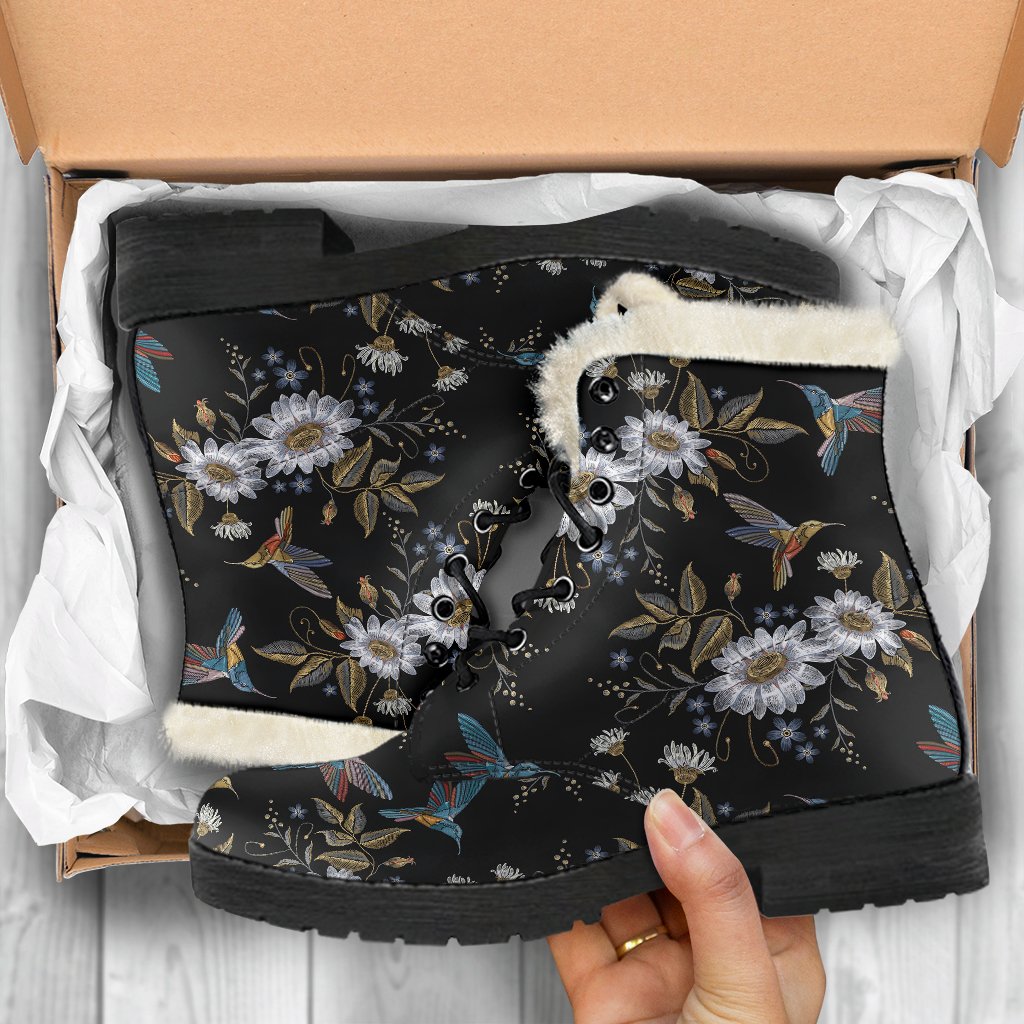Hummingbird with Embroidery Themed Print Faux Fur Leather Boots-JTAMIGO.COM