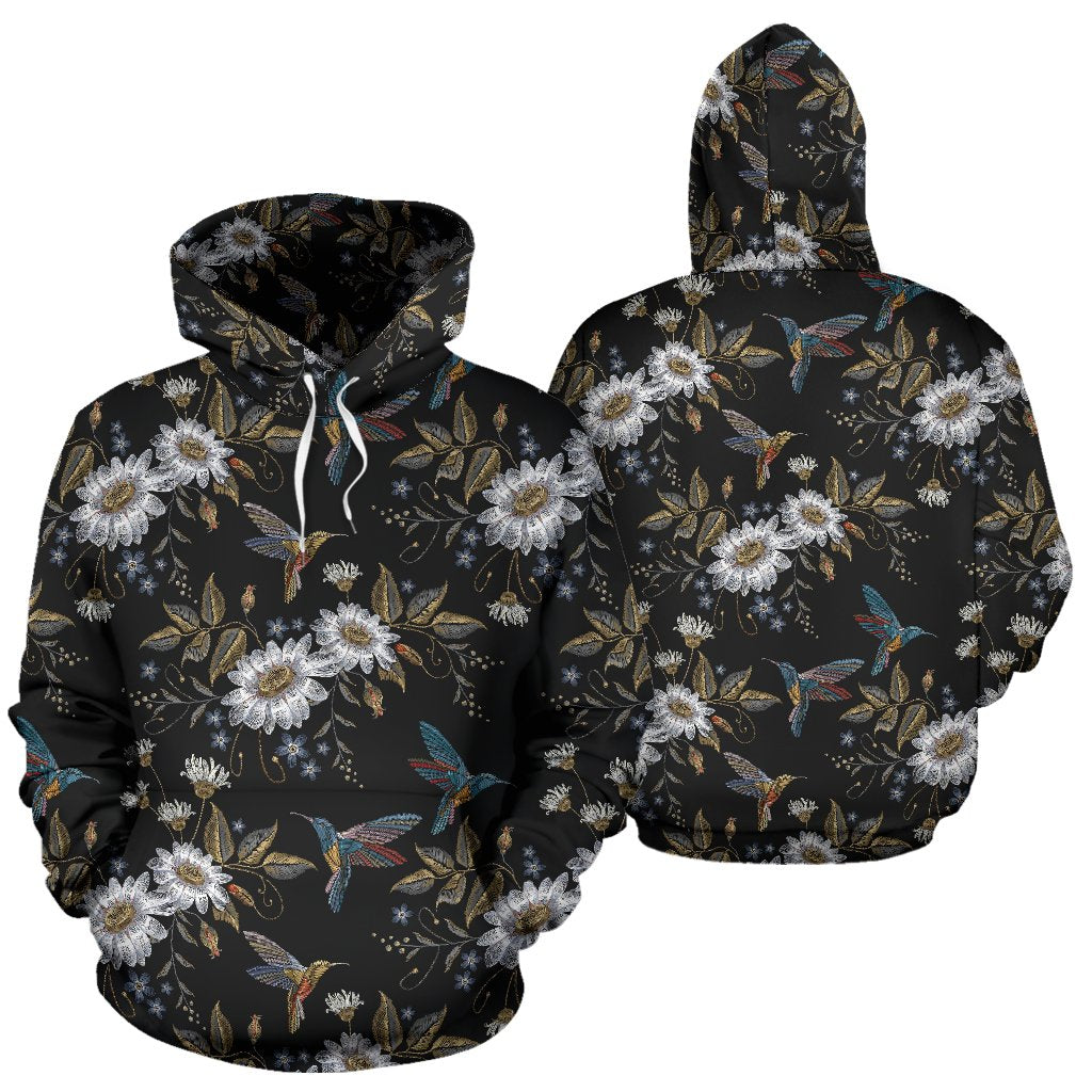 Hummingbird with Embroidery Themed Print Pullover Hoodie