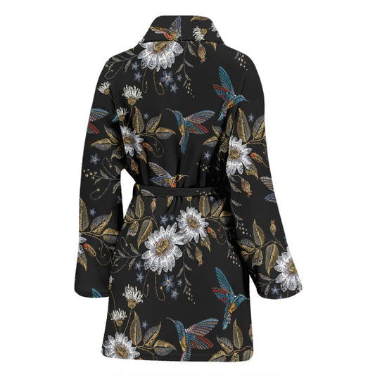 Hummingbird with Embroidery Themed Print Women Bath Robe-JTAMIGO.COM