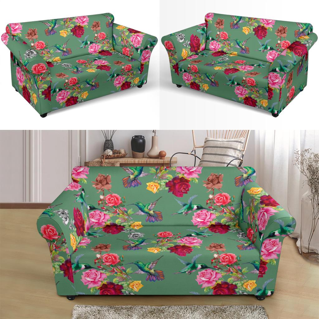 Hummingbird with Rose Themed Print Loveseat Slipcover-JTAMIGO.COM