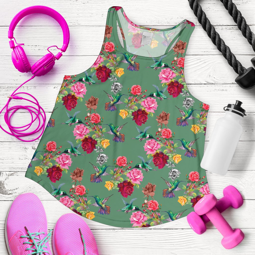 Hummingbird with Rose Themed Print Women Racerback Tank Top