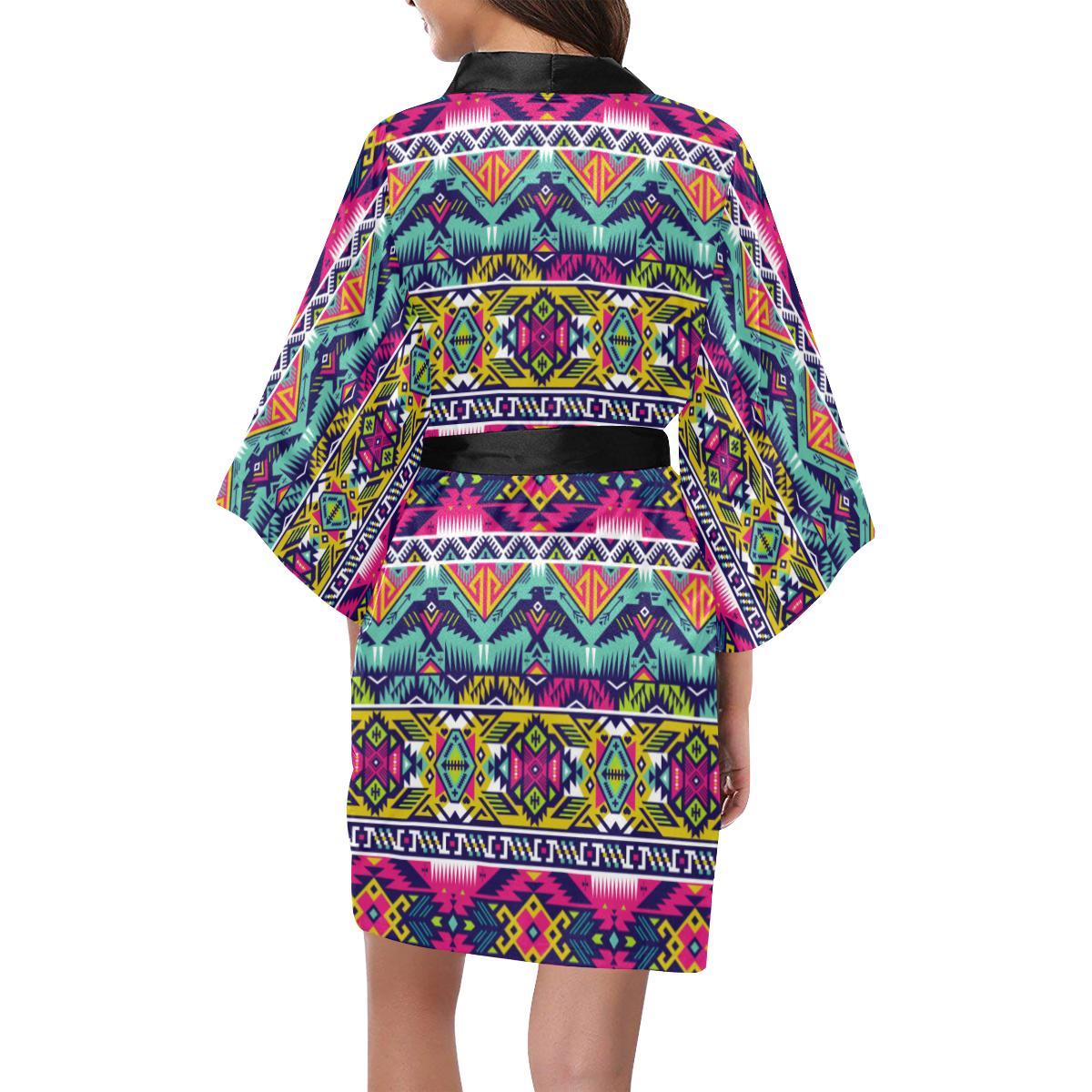 Indian Navajo Color Themed Design Print Women Short Kimono Robe
