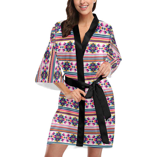 Indian Navajo Neon Themed Design Print Women Short Kimono Robe