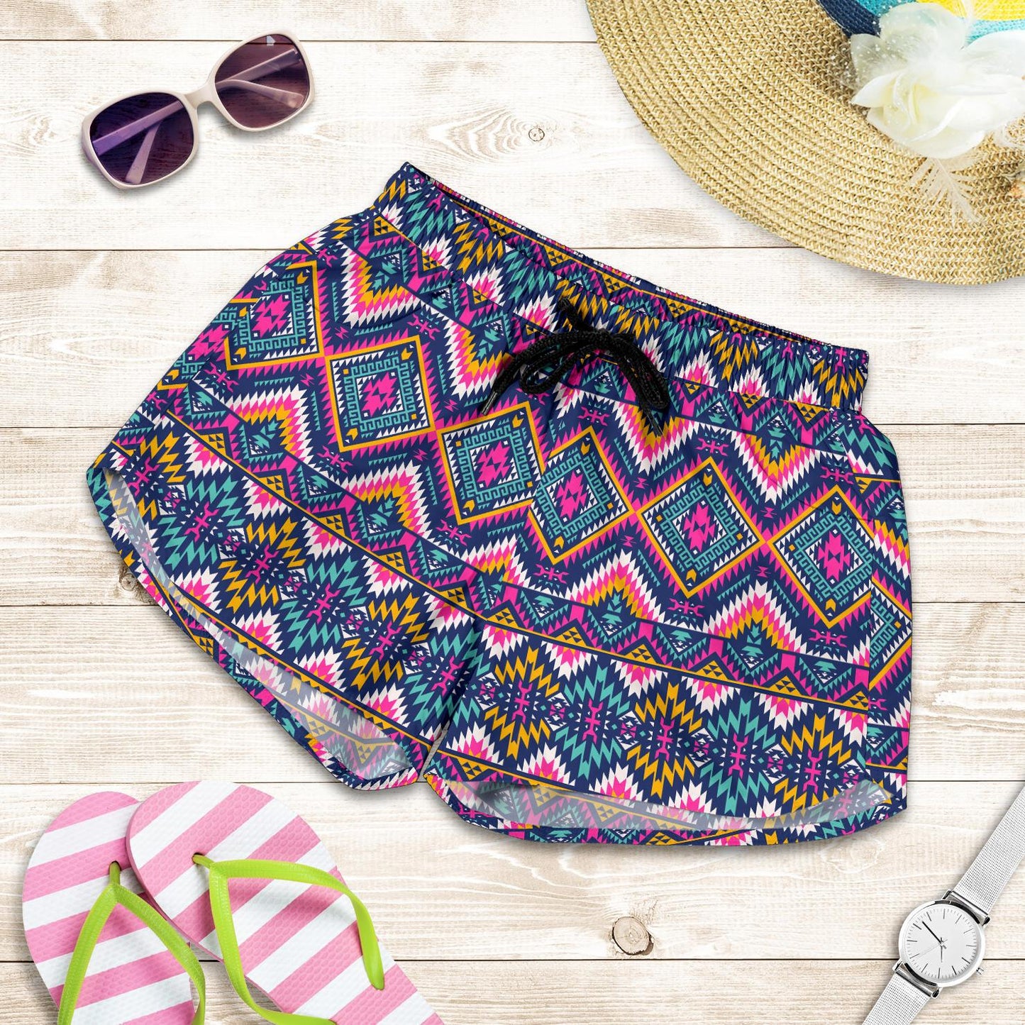 Indian Navajo Pink Themed Design Print Women Shorts-JTAMIGO.COM