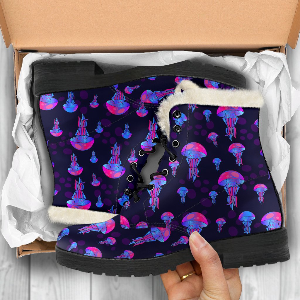 Jellyfish Neon Print Faux Fur Leather Boots-JTAMIGO.COM