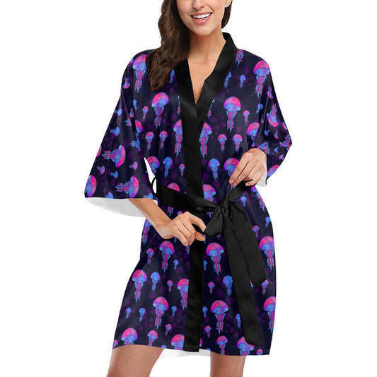 Jellyfish Neon Print Women Short Kimono Robe
