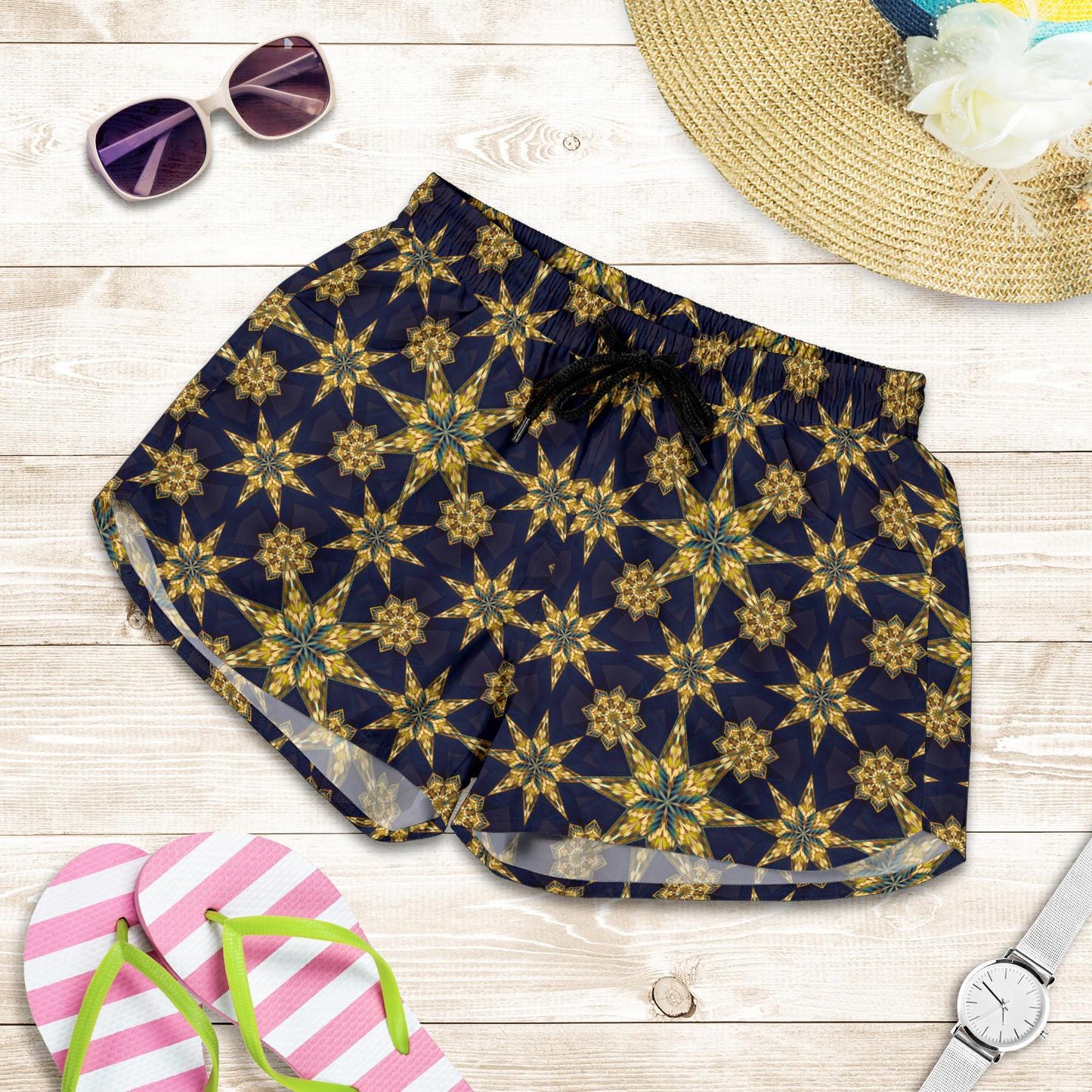 kaleidoscope Gold Print Design Women Shorts-JTAMIGO.COM