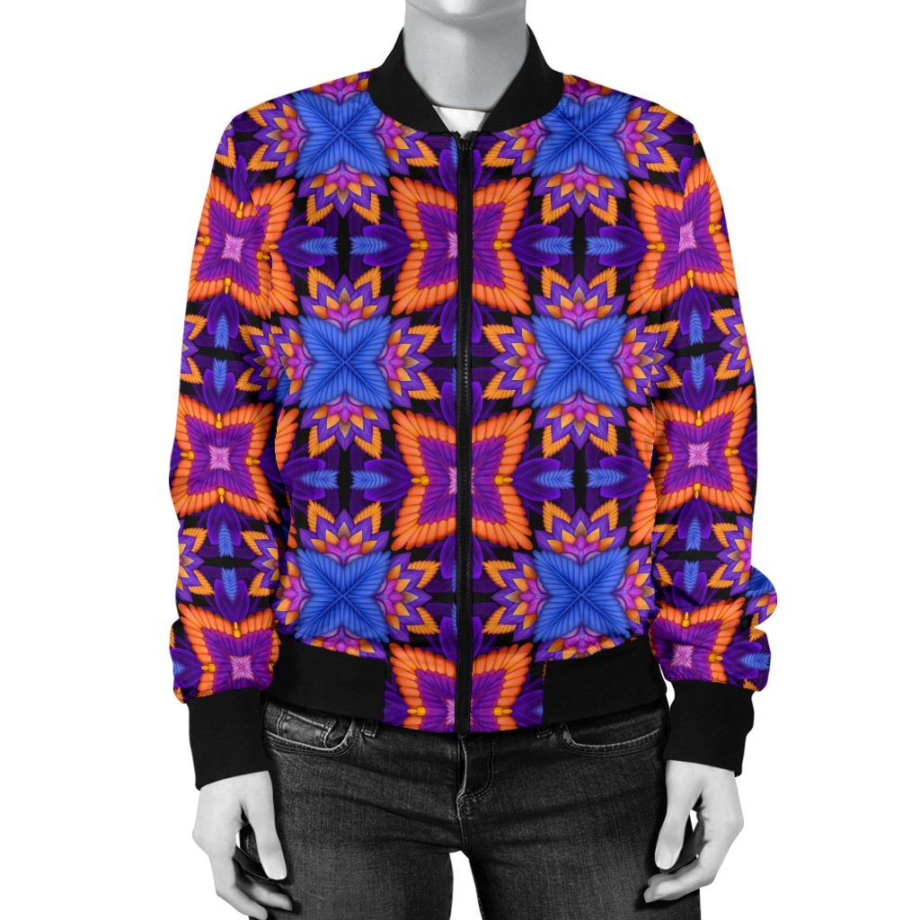 Kaleidoscope Purple Orange Print Design Women Casual Bomber Jacket