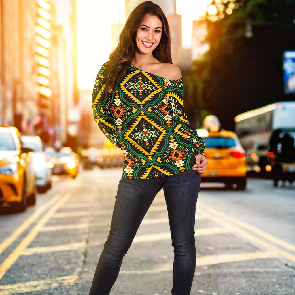Kente Green Design African Print Off Shoulder Sweatshirt