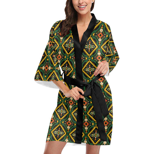 Kente Green Design African Print Women Short Kimono Robe