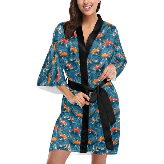 Koi Carp Water Design Themed Print Women Short Kimono Robe