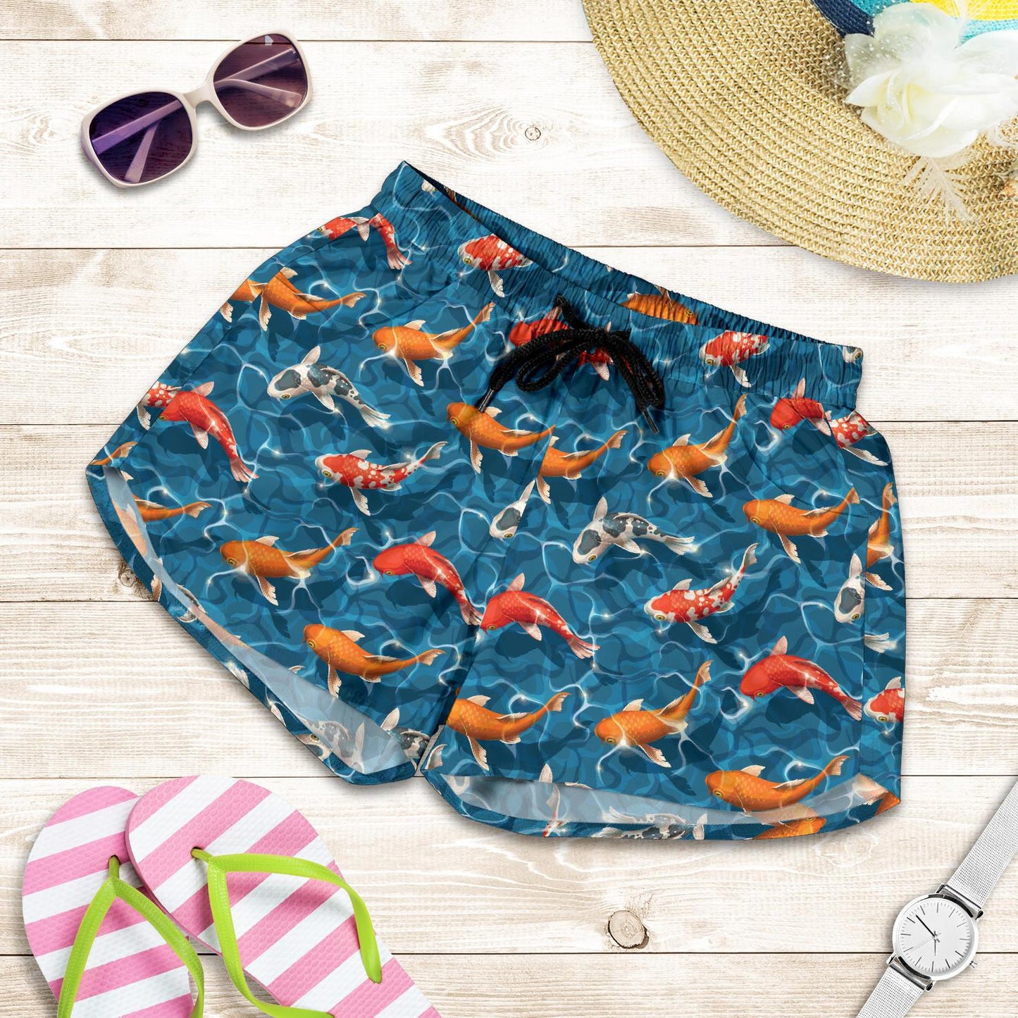 Koi Carp Water Design Themed Print Women Shorts-JTAMIGO.COM