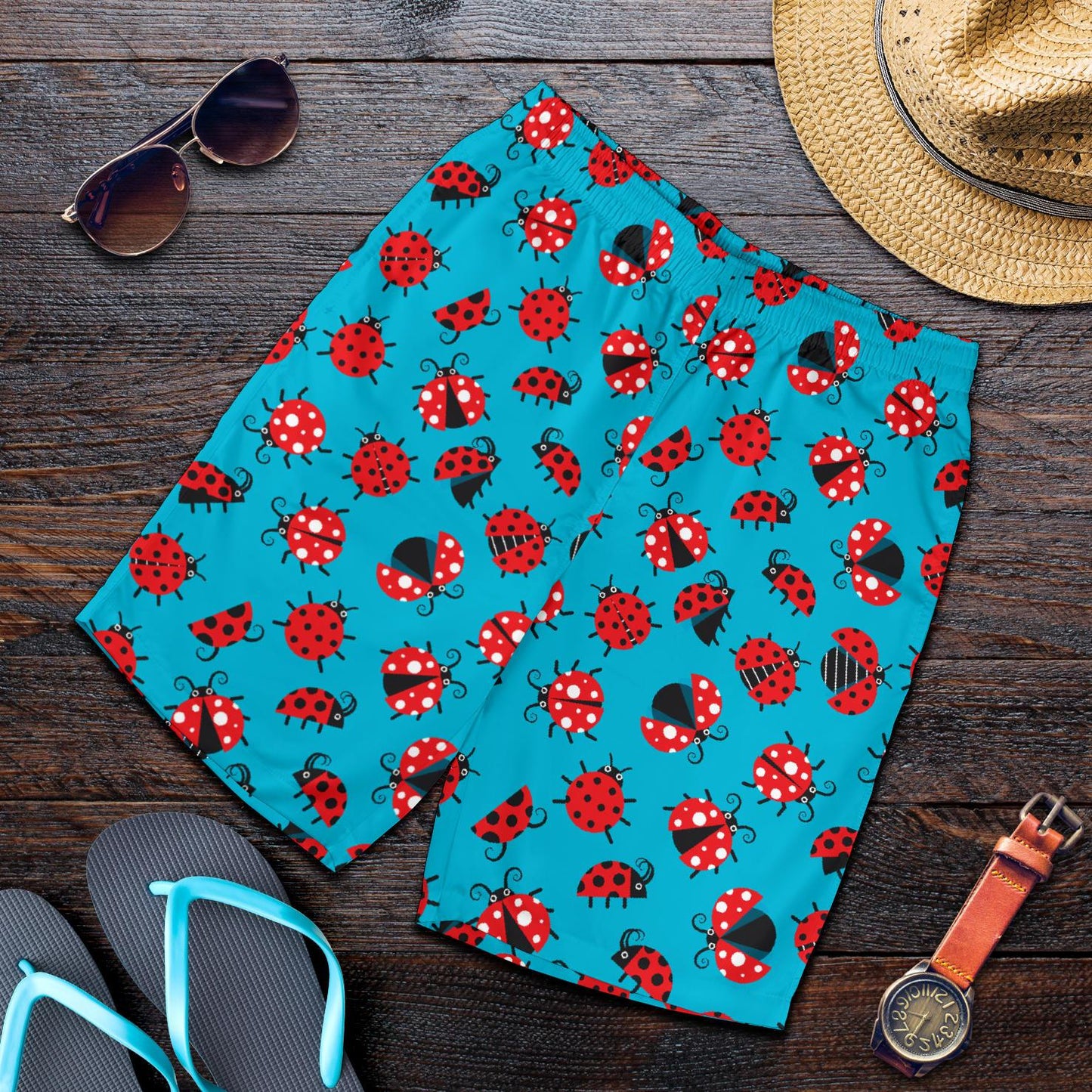 Ladybug Action Print Pattern Mens Shorts-JTAMIGO.COM