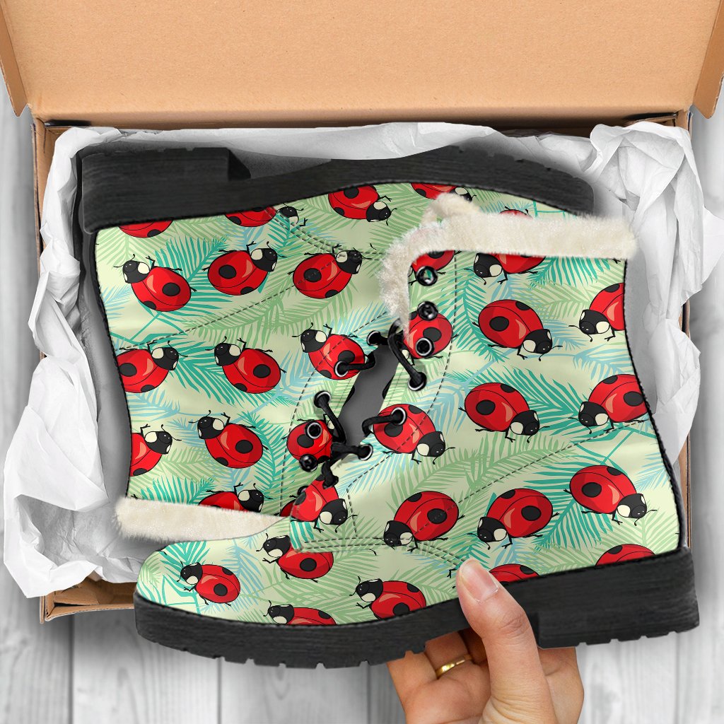 Ladybug Cute Print Pattern Faux Fur Leather Boots-JTAMIGO.COM