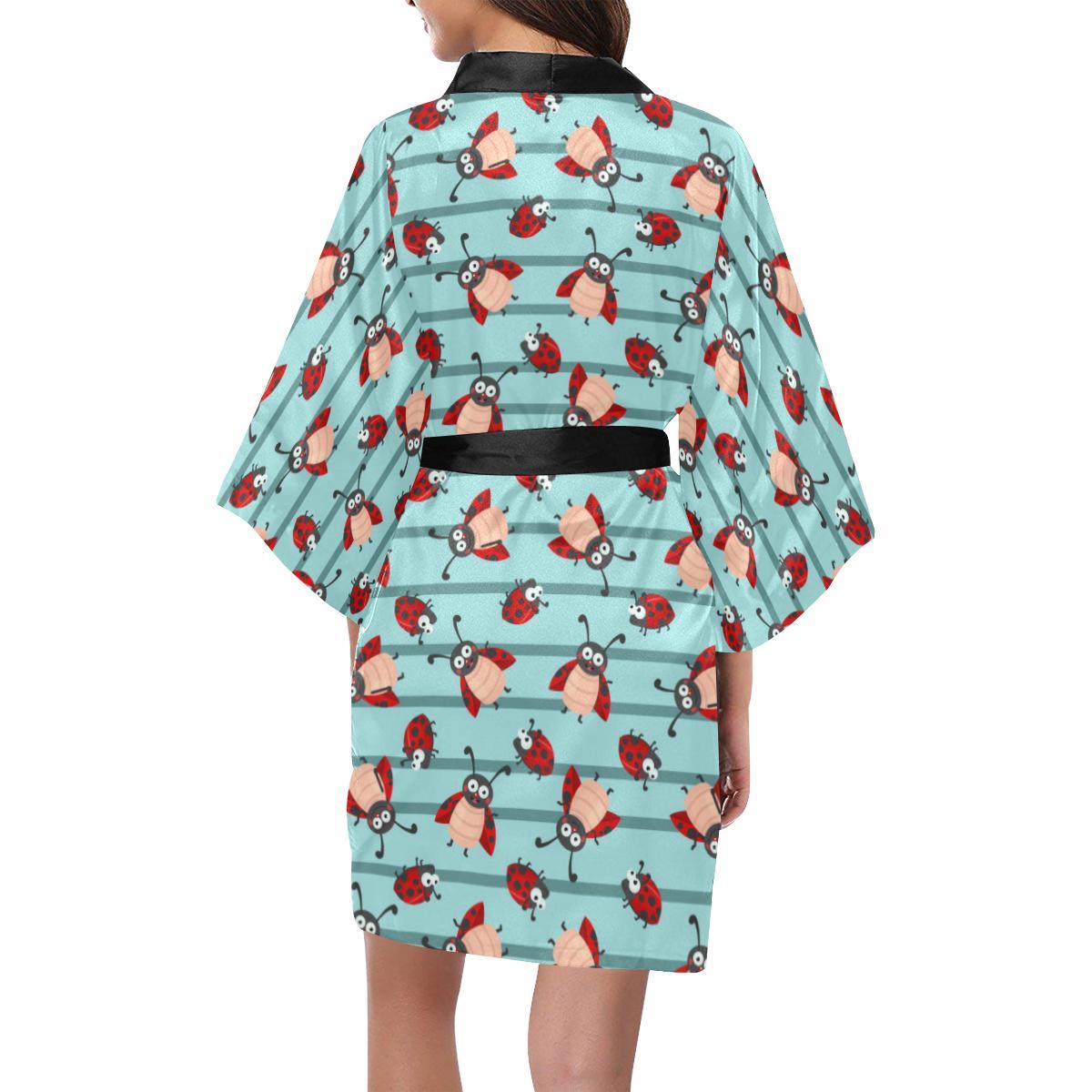 Ladybug Happy Print Pattern Women Short Kimono Robe